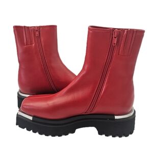 Jeffrey Campbell Devout Red Leather Chunky Lug Sole Platform Ankle Boots SIZE 6